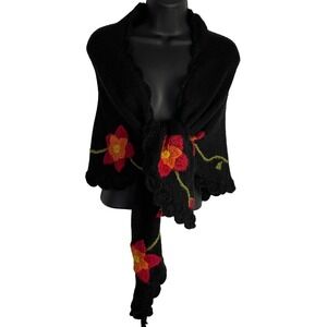 The Metropolitan Opera Womens Boho Floral Knit Shawl Black Embroidered Peru